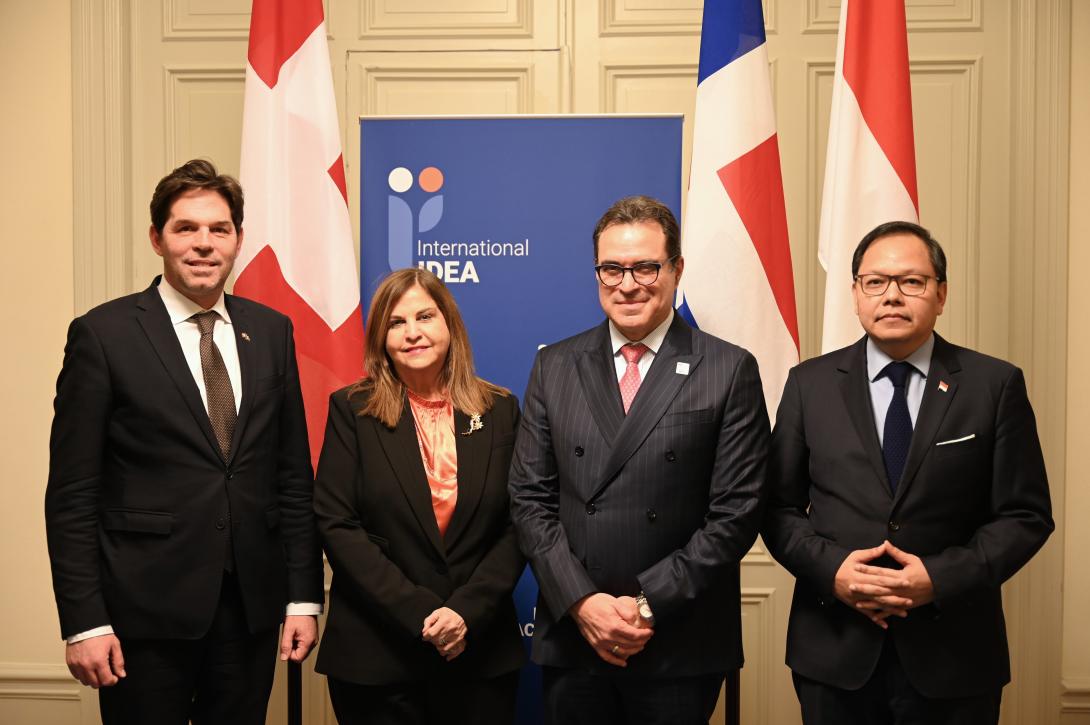 From the left: Adrian Junker, Ambassador of Switzerland, Margarita Franco de Zimmermann, Ambassador of the Dominican Republic, Kevin Casas-Zamora, Secretary-General of International IDEA, and Kamapradipta Isnomo, Ambassador of Indonesia representing the new Chairship troika for 2025